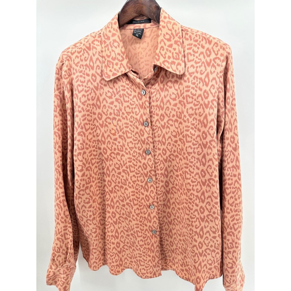 VTG Mel & Lisa 100% Pure Silk Leopard Print Button Down Blouse Rose‎ Mauve Sz 14